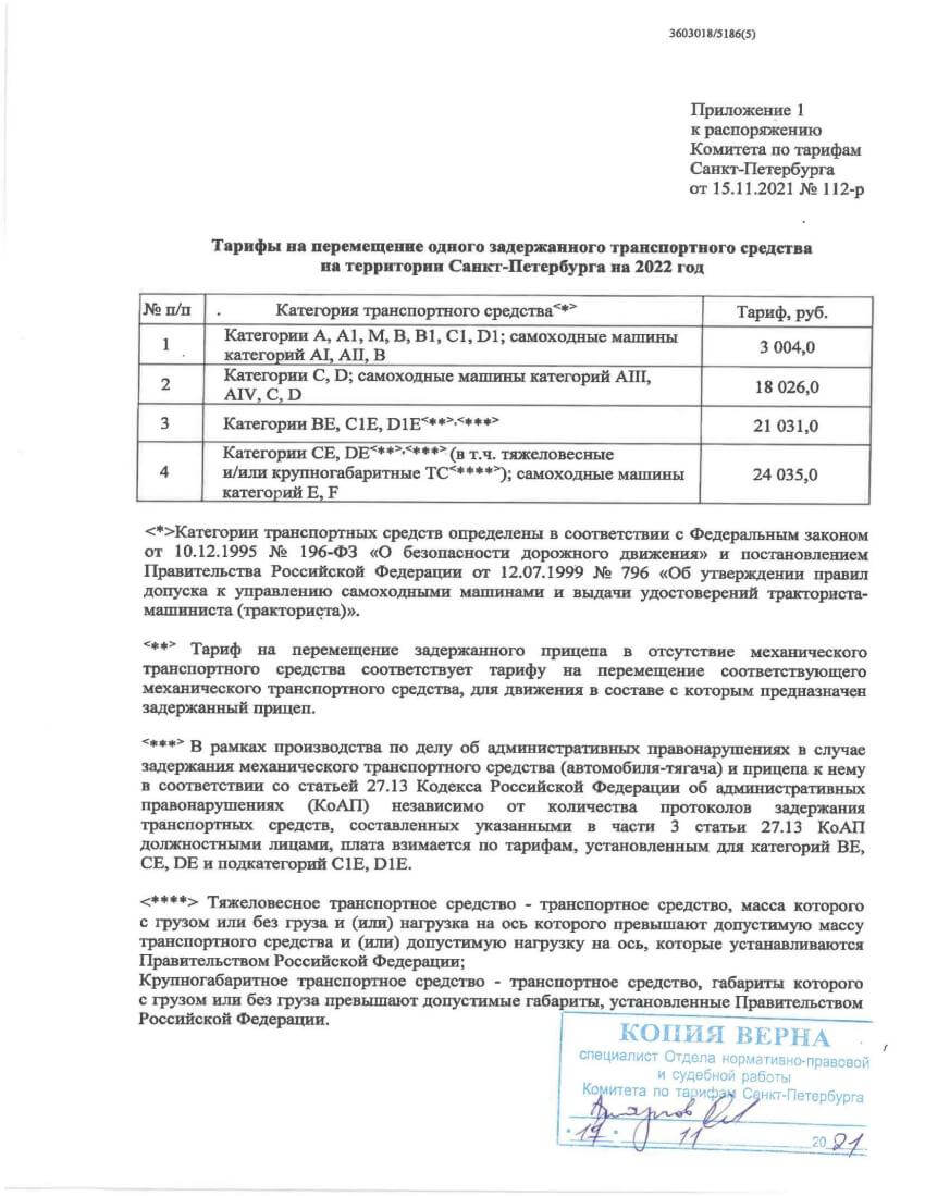 Распоряжение об установлении тарифов на перемещение и хранение задержанных транспортных средств на территории Санкт-Петербурга на 2022 год Распоряжение об установлении тарифов на перемещение и хранение задержанных транспортных средств на территории Санкт-Петербурга на 2022 год